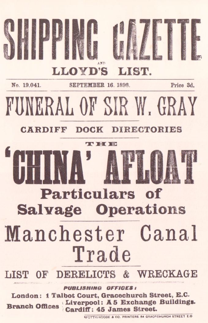 En löpsedel från Shipping Gazette av den 16.9 1898, som tillkännager att CHIN flottagits